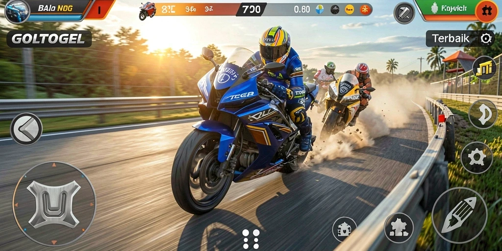 Screenshot GOLTOGEL menampilkan aksi balapan motor yang mendebarkan.