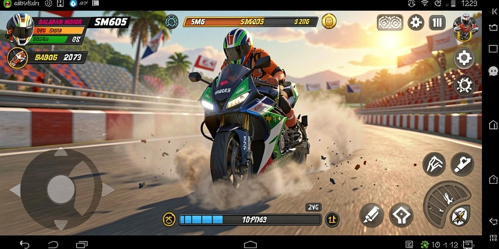 Tampilan gameplay balapan motor yang mendebarkan dan kompetitif.